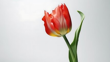 Isolated single bright red tulip flower with green stem isolated on solid white background.