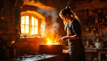 Blacksmith working at traditional forge with glowing fire and vintage window. Craftswoman shaping hot metal in rustic workshop. 
