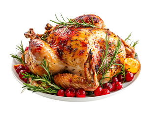 roasted turkey on a plate isolated on transparent or white background, png cutout