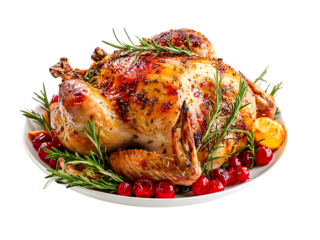 roasted turkey on a plate isolated on transparent or white background, png cutout