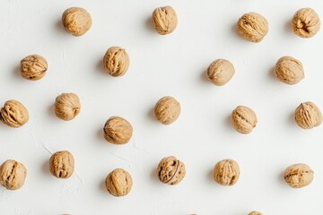 Various walnuts arranged on a bright surface