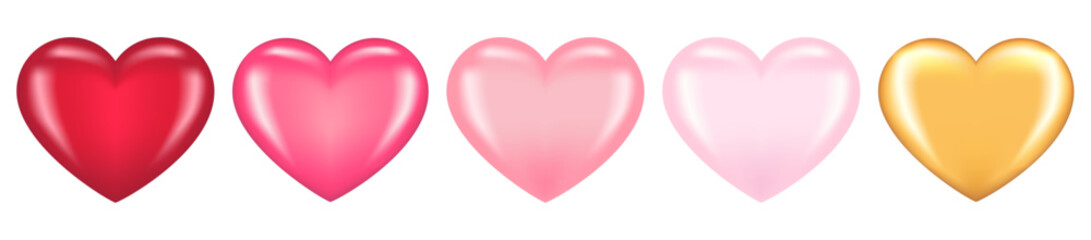 Hearts icon set isolated on white background. Red, pink and gold hearts. Collection of glossy hearts of different colors. Template for Valentine's day, wedding, romantic card. Vector illustration.