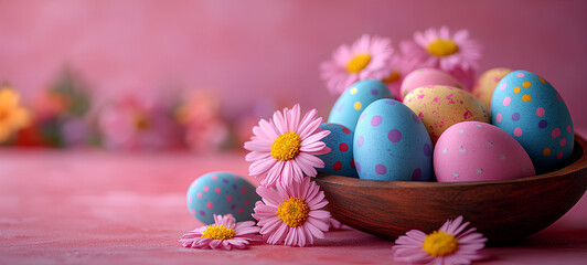 Fototapeta premium Bowl of Easter eggs is surrounded by pink flowers