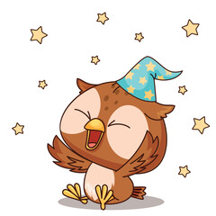 A joyful cartoon owl in a colorful party hat with sparkling stars, ideal for uplifting celebrations