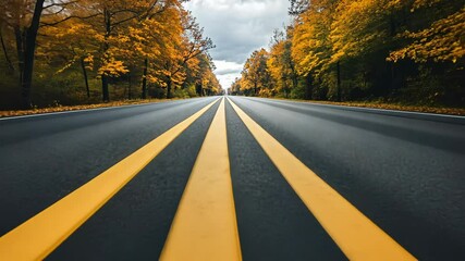 Autumn road with yellow stripes surrounded by colorful trees under a gray sky