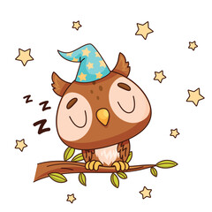 A very cute and sleepy little owl wearing a delightful party hat is perched on a branch surrounded by bright stars
