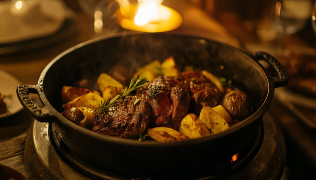 Traditional croatian dish Peka view, meat and vegetables in iron cover under warm glow close-up on the table