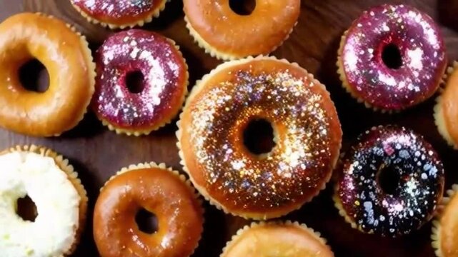 glittery donut with dazzling toppings forming galaxy or concentric glowing donut circles in vibrant pattern