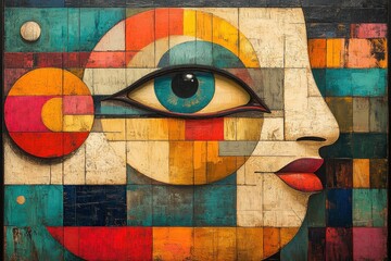 Fototapeta premium Abstract cubist portrait, colorful wooden blocks.