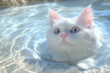Fototapeta premium Turkish Van cat swims gracefully in a clear blue pool with gentle ripples