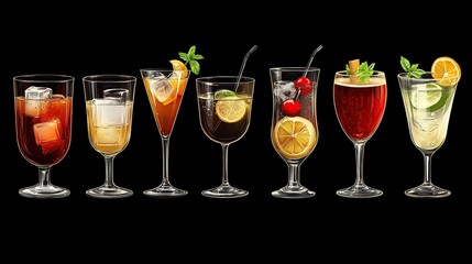 Eight assorted cocktails in various glasses, garnished with fruit and mint.