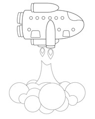 The starship takes off in a cloud of dust. Spaceship - vector linear picture for coloring. Spaceship for coloring book. Outline. Rocket Horizontal Takeoff.	