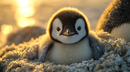 Obraz premium Adorable penguin chick nestled in golden sunset.