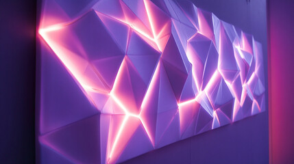 Futuristic edible wall decor made of glowing sugar panels arranged in geometric patterns, emitting soft neon light.