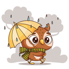 An adorable owl in a scarf, cheerfully holding an umbrella in the rain, perfect for childrens themes
