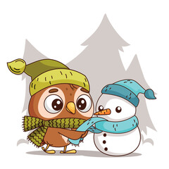A cute owl and a happy snowman enjoy the warmth of winter together in this whimsical cartoon illustration