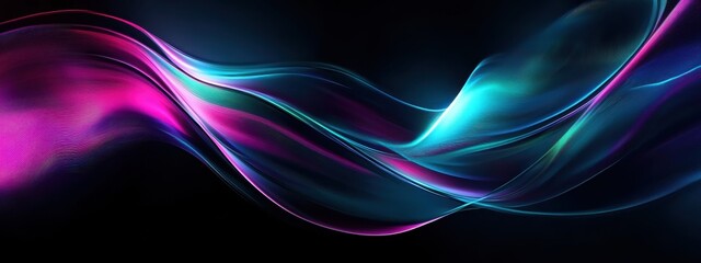 Abstract fluid waves, vibrant neon colors, electric blue and magenta, smooth glossy texture, dynamic flow, dark background, futuristic design, digital art, high contrast, sleek curves, energy in motio