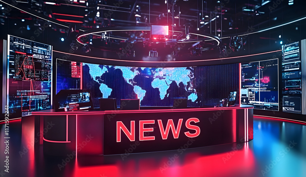Poster a modern and dynamic newsroom set, featuring a sleek news desk with the word news prominently displa