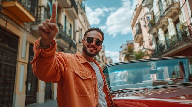Fototapeta Stylish Woman Posing by Vintage Car in Tropical City