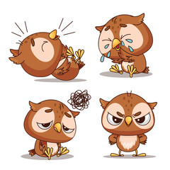 Four utterly adorable cartoon owls each displaying a unique set of emotions and diverse expressions of feelings
