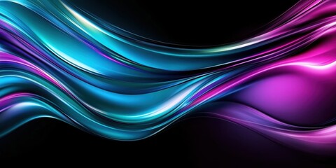 Abstract waves, vibrant colors, neon glow, fluid motion, digital art, smooth curves, electric blue, vivid purple, dynamic composition, futuristic design, glossy texture, energy flow, luminous effect, 