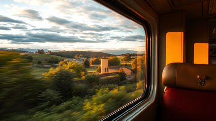 A view from a train window with a beautiful view, the feeling of moving in the picture. Generative AI