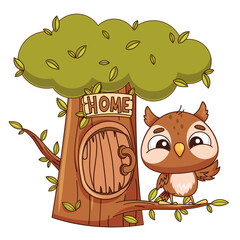 A charming and adorable owl is perched on a tree, accompanied by a cozy home sign, ideal for childrens decor