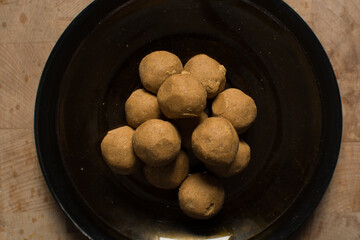 Top view of donkwa balls, Overhead view of nigerian spicy donkwa, flatlay of tanfiri or groundnut cake