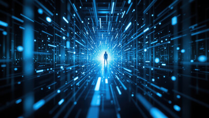 Obraz premium A person standing inside a room filled with bright light, giving an impression of being surrounded by digital data or AI.