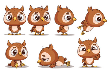 A delightful collection of adorable cartoon owls showcasing a variety of fun poses and charming expressions
