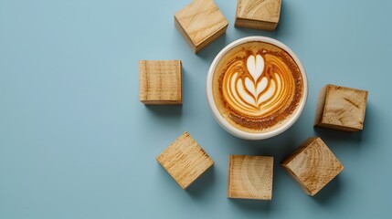 Wooden Blocks with Target Symbol and Espresso Cup with Latte Art on Blue Background