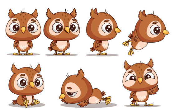 A delightful collection of adorable cartoon owls showcasing a variety of fun poses and charming expressions