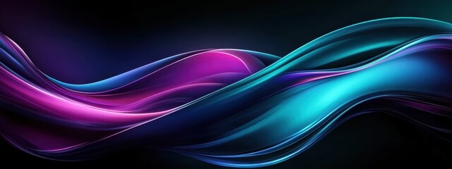 Fototapeta premium Abstract waves, vibrant colors, neon glow, fluid motion, digital art, smooth curves, electric blue, vivid purple, dynamic composition, futuristic design, glossy texture, energy flow, luminous effect, 