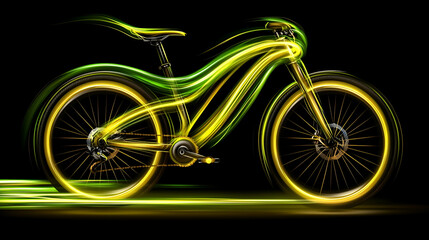 Fototapeta premium A glowing yellow and green bicycle against a dark background, showcasing a dynamic and futuristic design with motion effects.