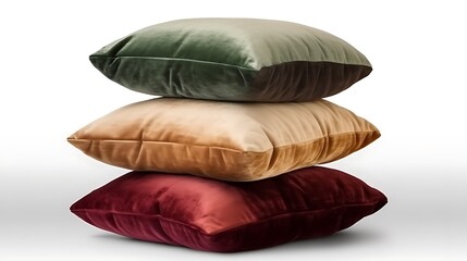 Isolated stack of three luxury velvet cushions in muted colors isolated on solid white background.