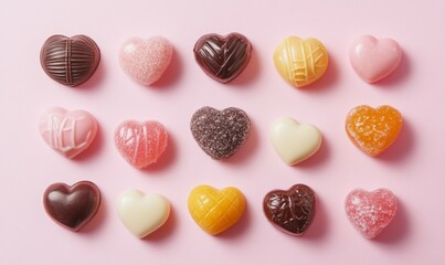Obraz premium Assorted heart-shaped candies and confections on a pink background. Flat lay composition with copy space.