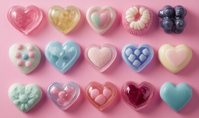 Fototapeta premium Assorted heart-shaped candies and confections on a pink background. Flat lay composition with copy space.