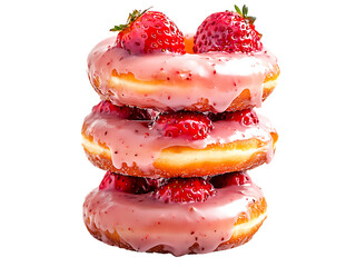 stack of strawberry glazed donuts isolated on transparent or white background, png cutout