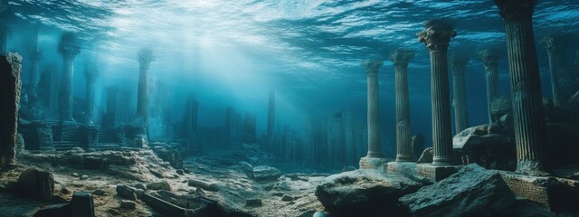 Obraz premium A haunting image of a sunken ancient city revealed beneath the clear waters of the Mediterranean Sea, Mediterranean underwater city scene, Atmospheric style