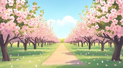 A peaceful orchard with rows of fruit trees in bloom. Vector flat minimalistic isolated illustration