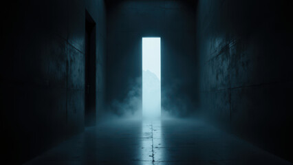 A dark hallway illuminated at both ends with foggy air and an ominous glow.