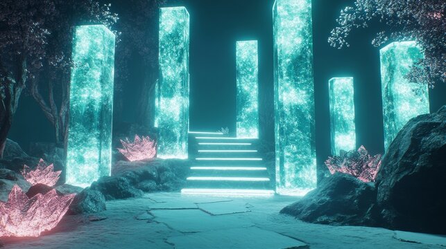 Embarking on a journey through mesmerizing translucent crystal stairways that weave seamlessly into a surreal landscape, where enchanting natural 