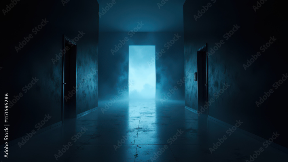 Poster an ominous hallway with ai technology hidden within the structure.