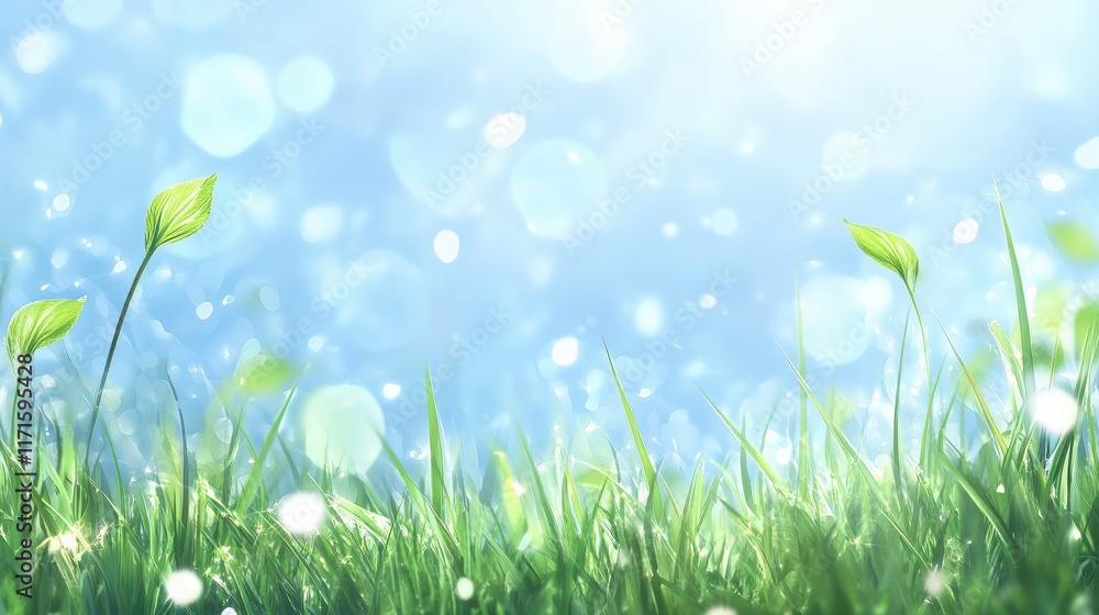 Poster beautiful sunny spring meadow with green grass and blue sky. abstract background with light bokeh an