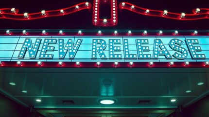 Bright marquee with "New Release" illuminated sign in classic movie theater style