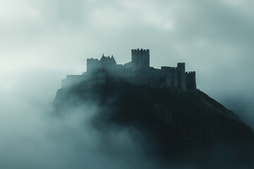 Obraz premium Geheimnisvolle Burg über den Nebeln eines düsteren Hügels