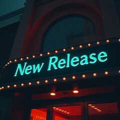 Stylish marquee sign stating "New Release" with glowing lights in a modern design