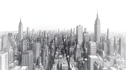 Monochrome sketch of a city skyline, featuring skyscrapers and streets.