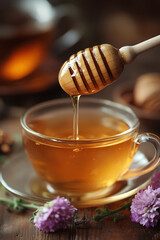 Spoonful of honey is poured into a cup of tea