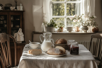 Rustikale Frühstücksszene mit Brot, Marmelade und Milch am Fenster


